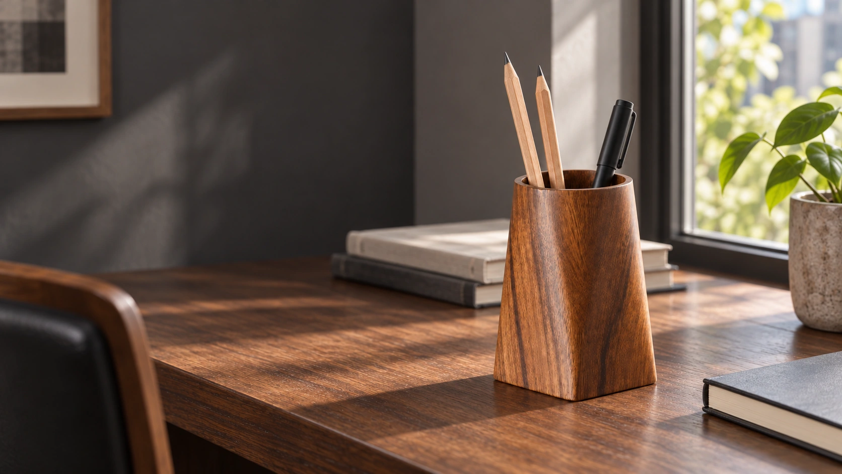 Brown wooden pen cup on a desk; writing tools are styling props