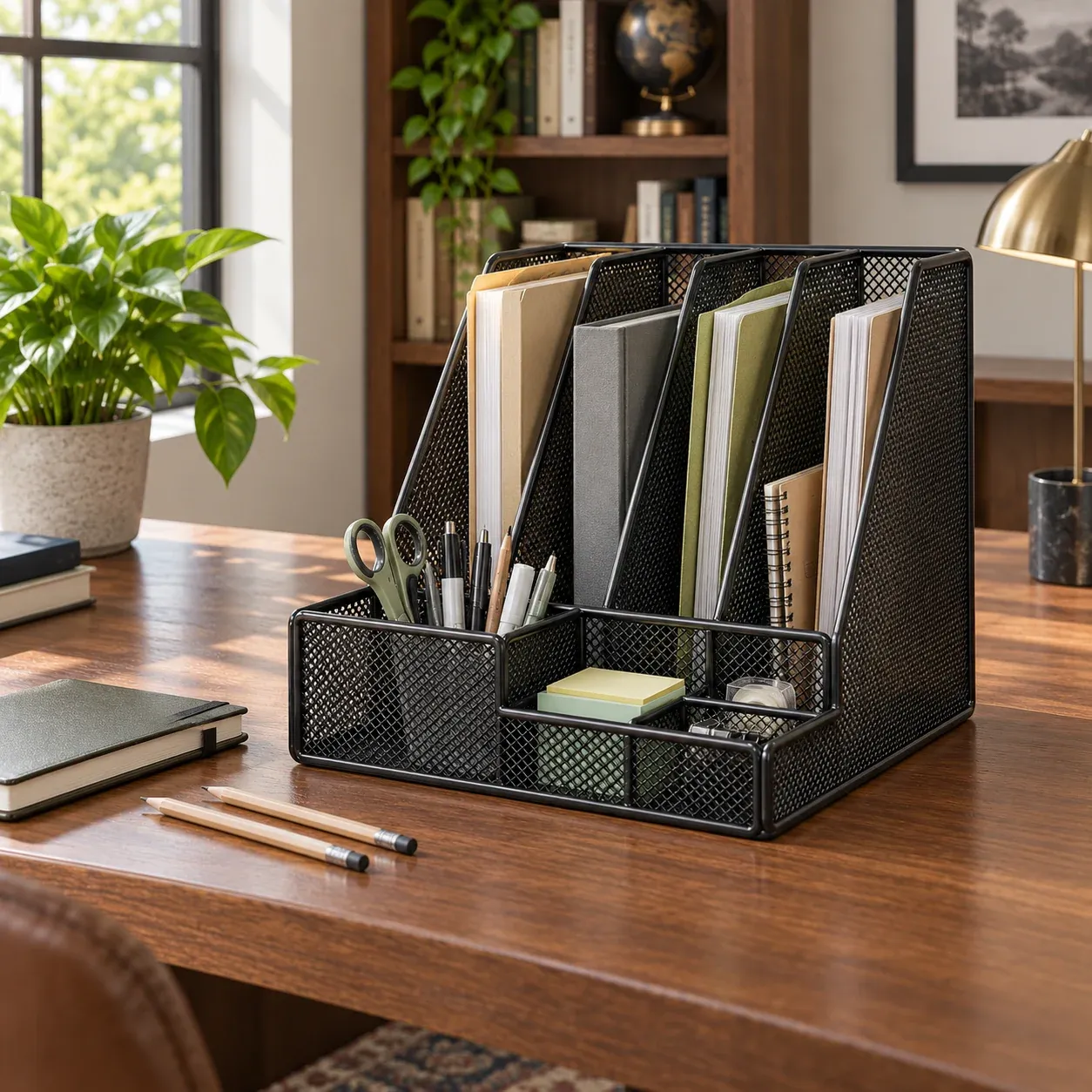 Wilfred Mesh File Organizer - Black, four slots with pen cup - in a furnished setting; other objects not included