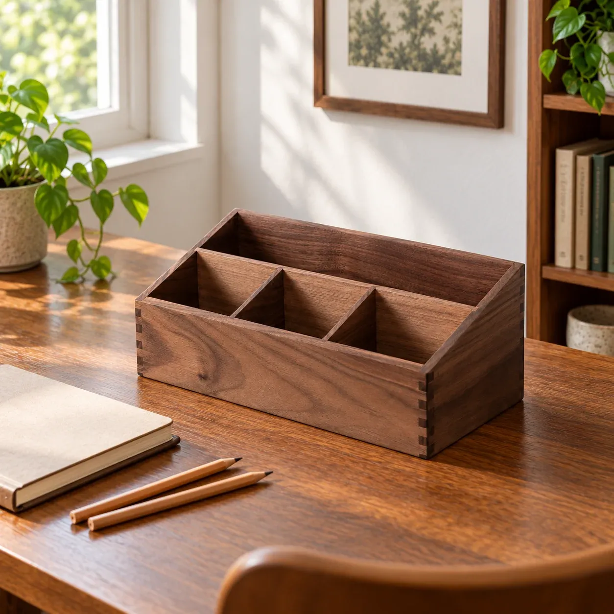 Winston Walnut Organizer - Walnut, four sloping compartments - in a furnished setting; other objects not included