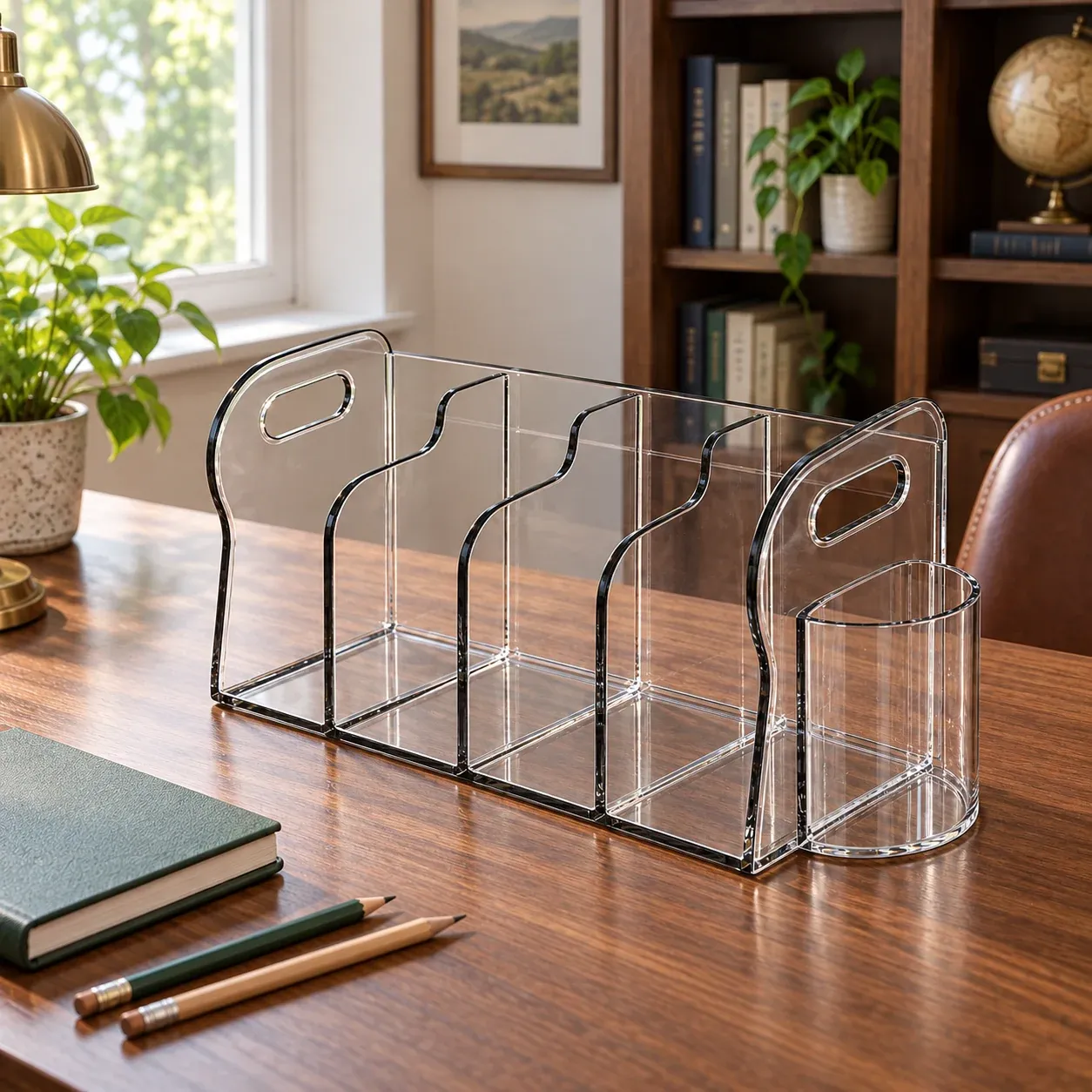 Alton Clear Desk Organizer - Clear, four slots and pen cup - in a furnished setting; other objects not included