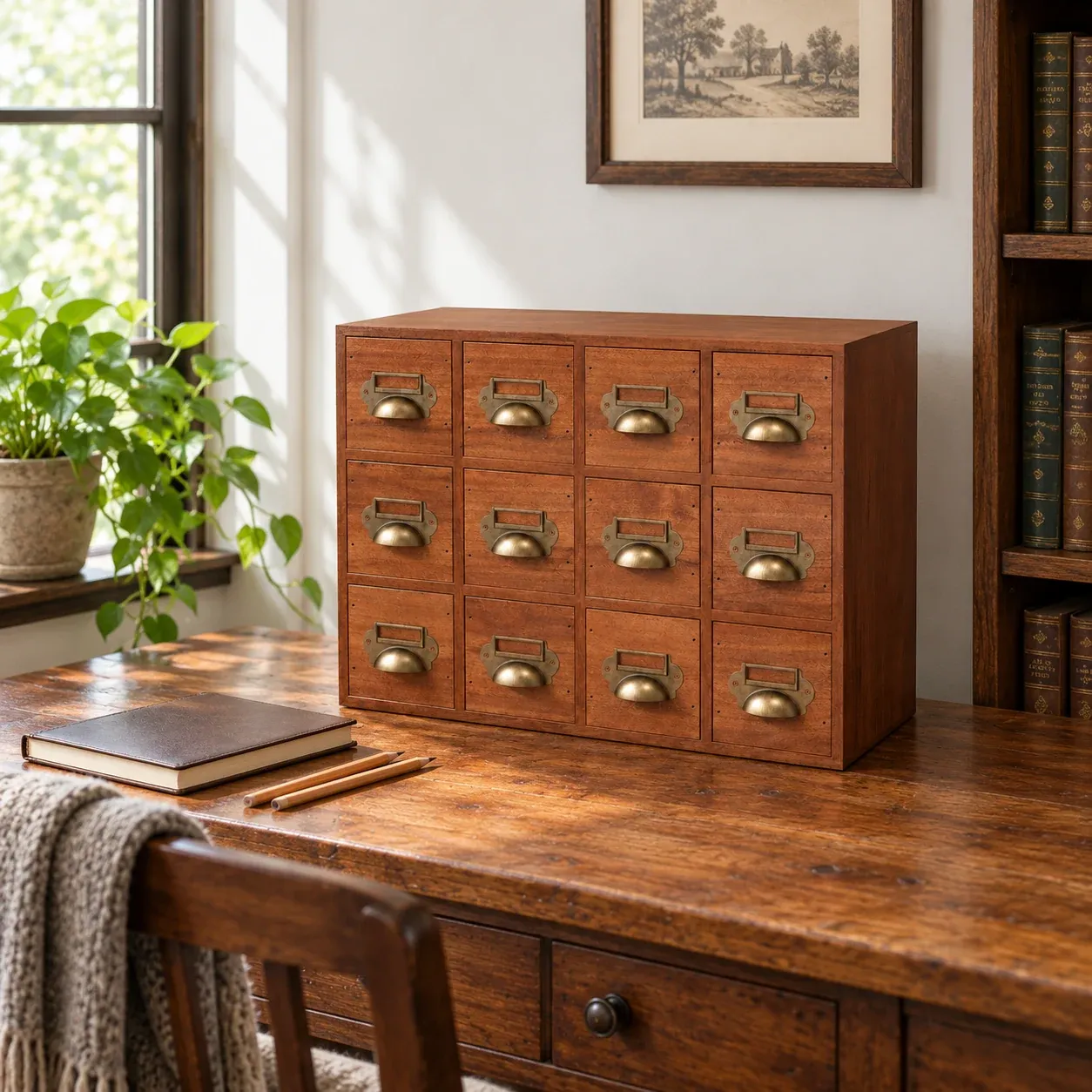 Thorne Apothecary Cabinet - Vintage brown, twelve horizontal drawers - in a furnished setting; other objects not included