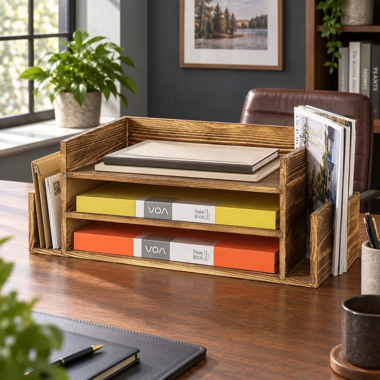 Iris Three-Tier Letter Trays, in use; styling objects are not included