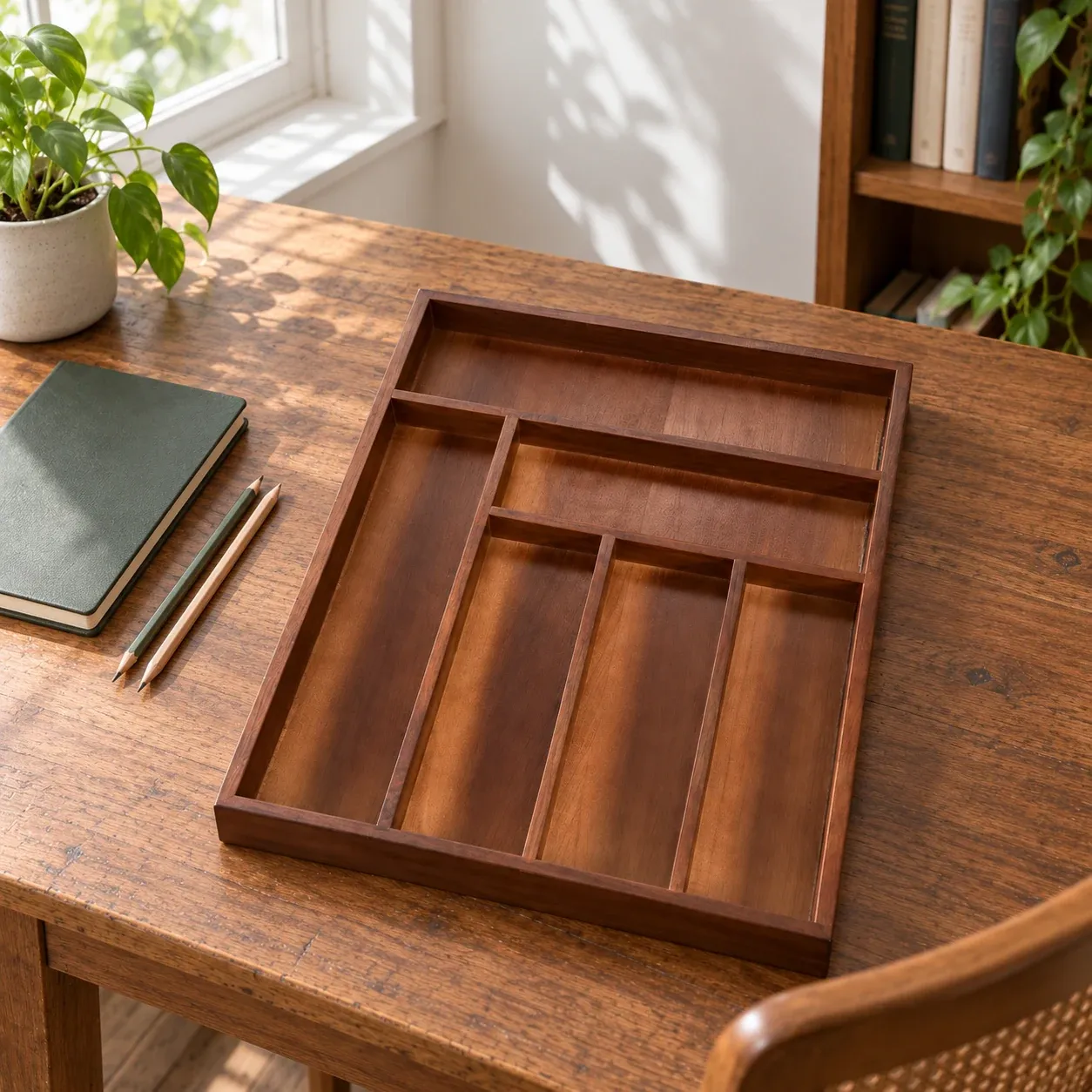 Malcolm Divided Tray - Walnut color, large 41.5 x 31.5 x 3.5 cm - in a furnished setting; other objects not included