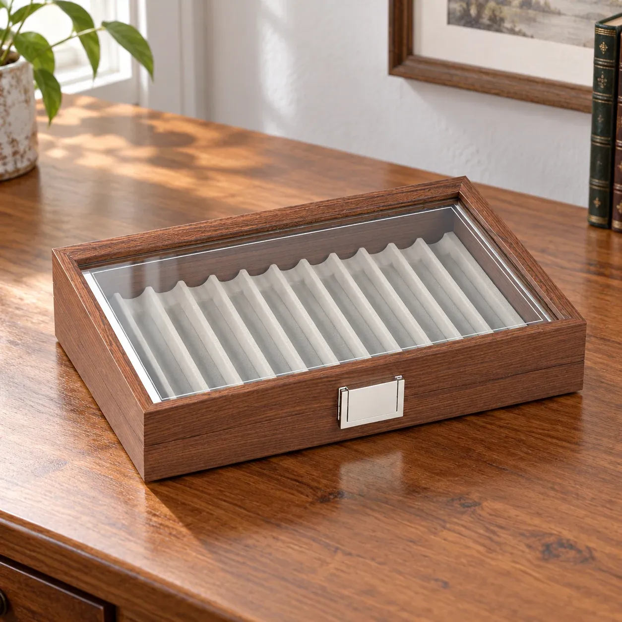 Emrys Pen Case - Walnut finish, twelve slots - complete item