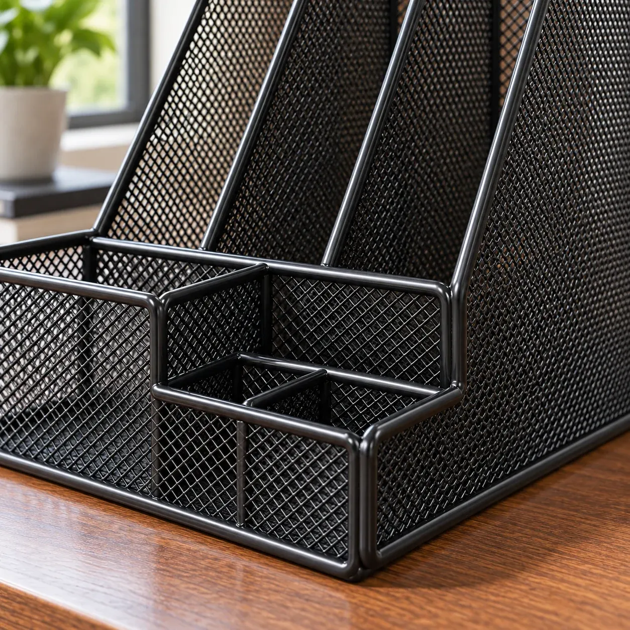 Wilfred Mesh File Organizer - Black, four slots with pen cup - construction detail