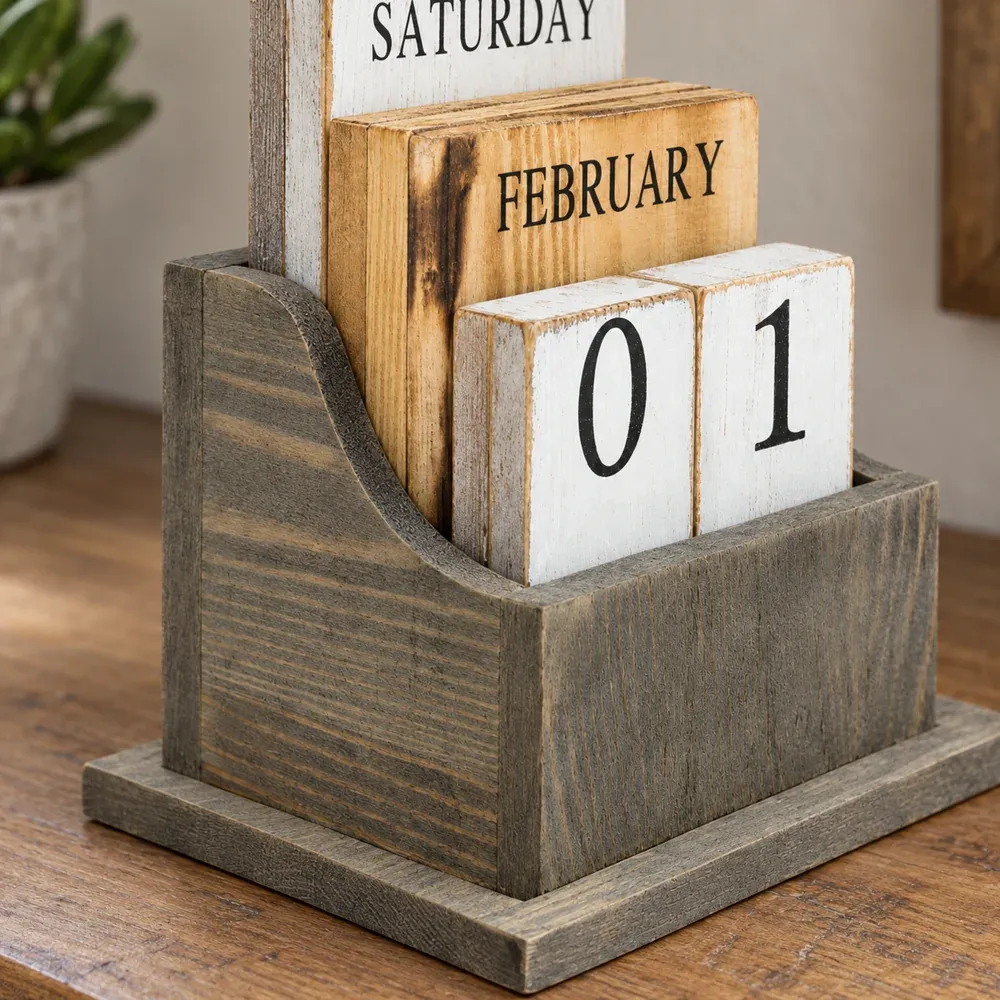 Cecil Wooden Desk Calendar — detail view