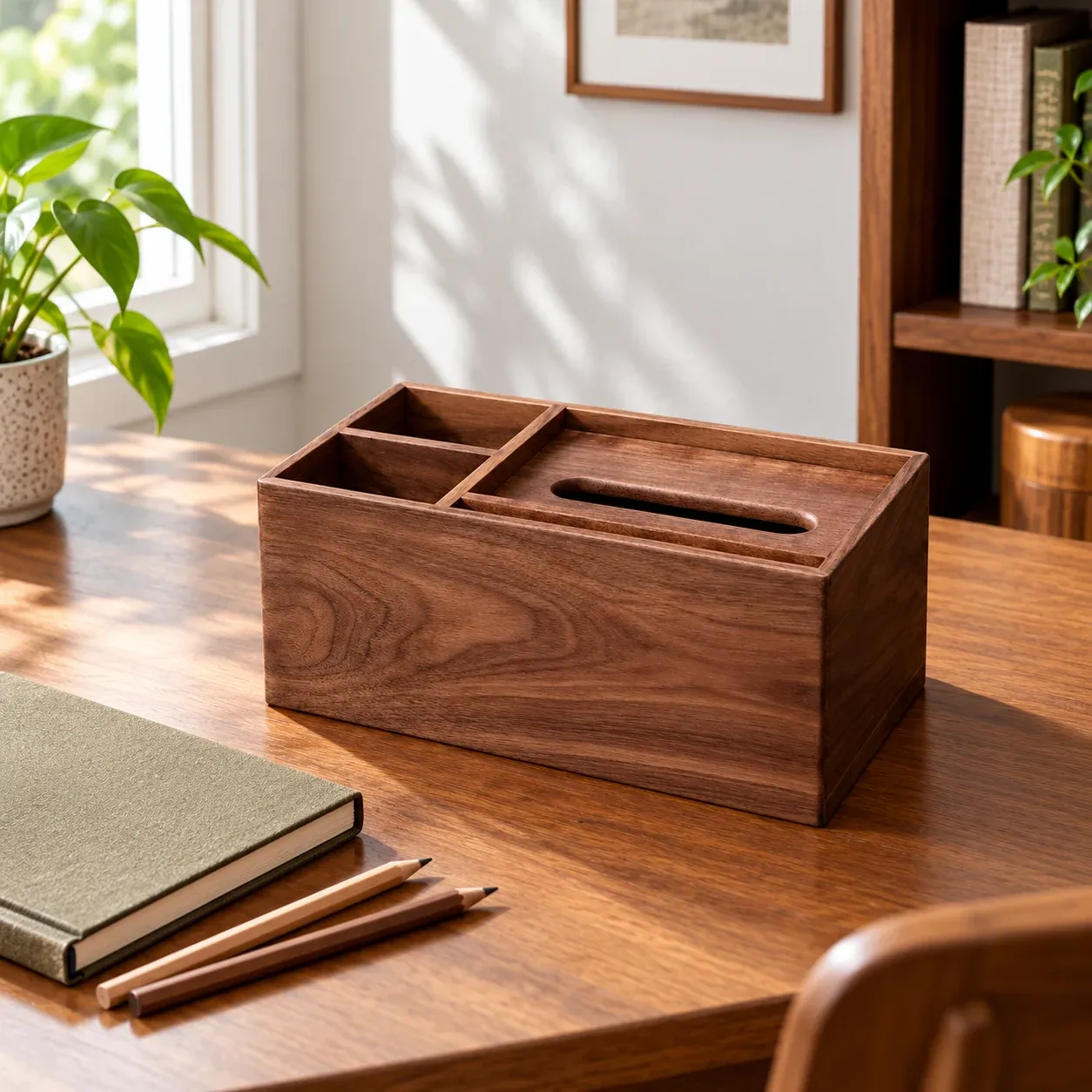 Ellis Walnut Organizer - Black walnut, extra large multifunction box - in a furnished setting; other objects not included