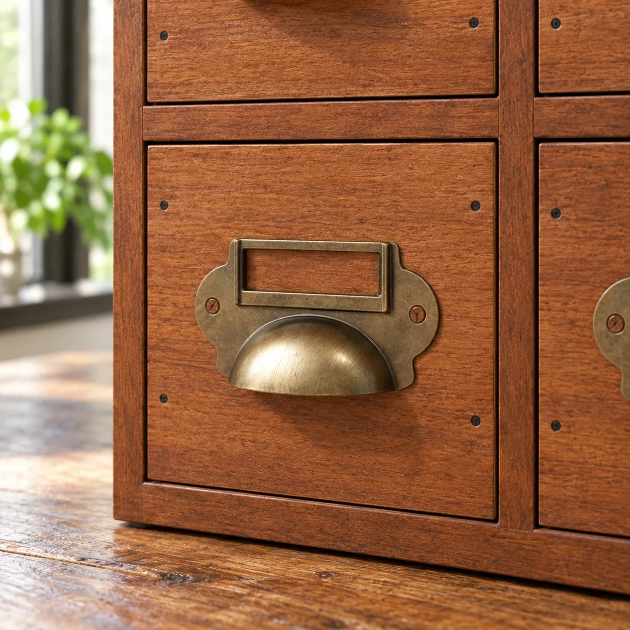Thorne Apothecary Cabinet - Vintage brown, twelve horizontal drawers - construction detail