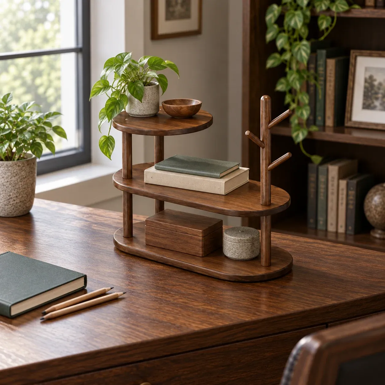 Lucian Tiered Desktop Shelf - Bamboo, three tiers - in a furnished setting; other objects not included