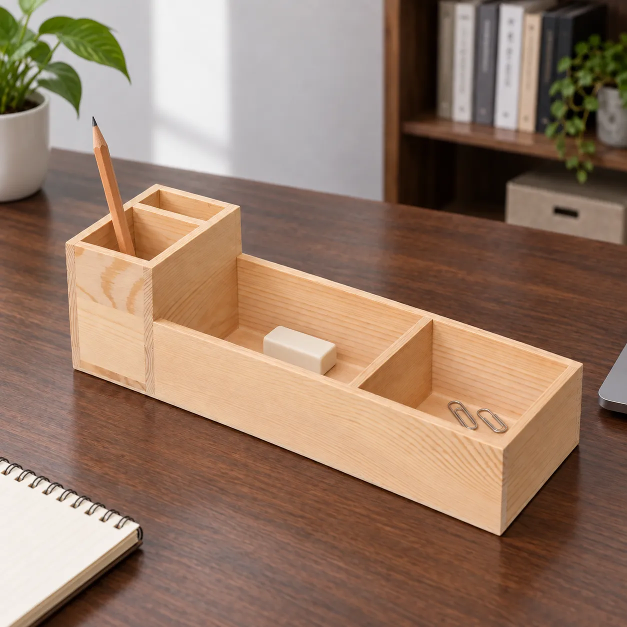 Hayes Wood Desk Caddy: in use; stationery and books not included