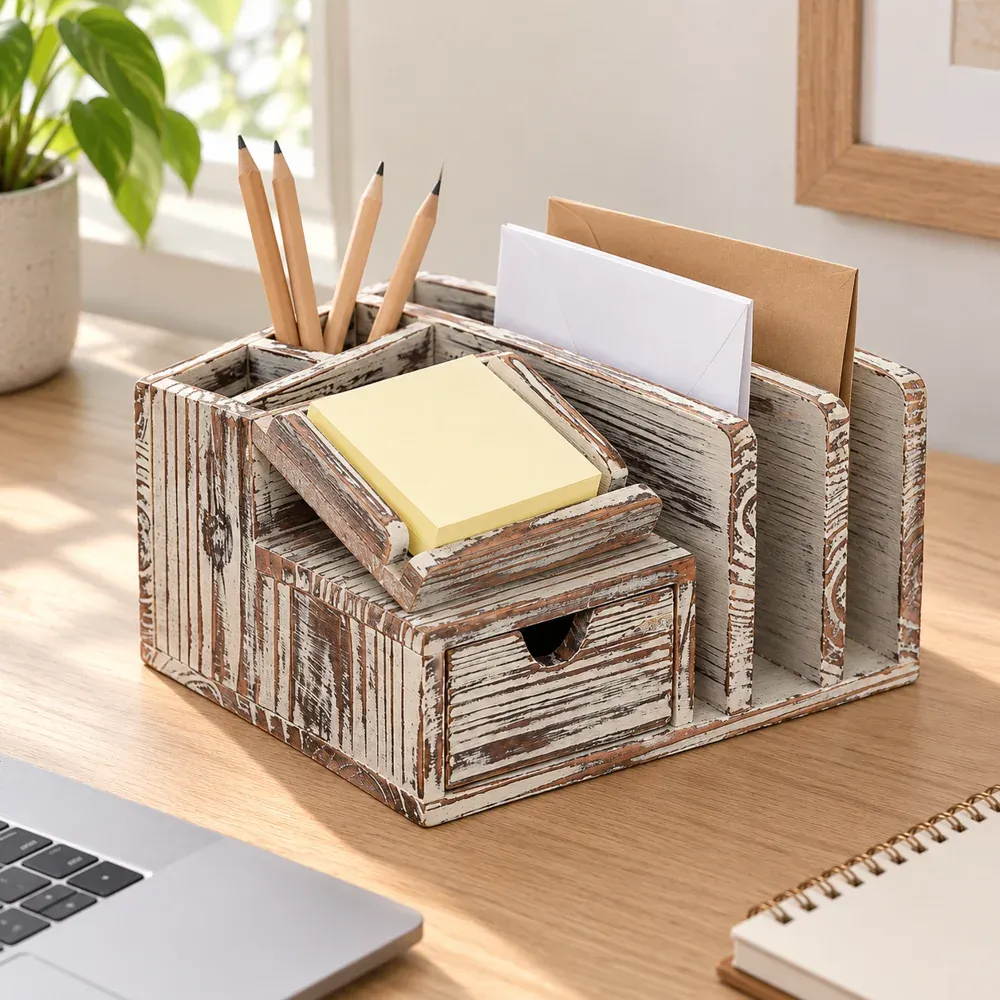 Wilbur Wooden Desk Organizer — use view