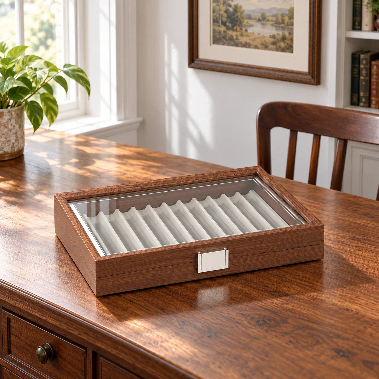 Emrys Pen Case - Walnut finish, twelve slots - in a furnished setting; other objects not included