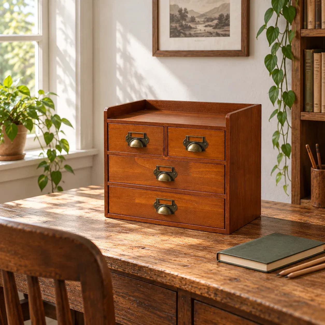Osric Pine Cabinet - Vintage brown, four drawers - in a furnished setting; other objects not included