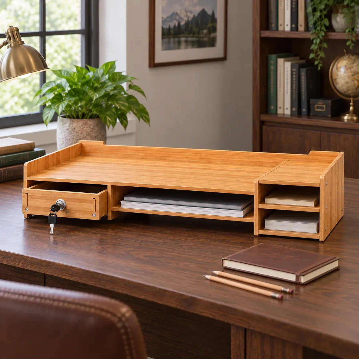 Clive Locking Monitor Riser - Cherry wood color - in a furnished setting; other objects not included