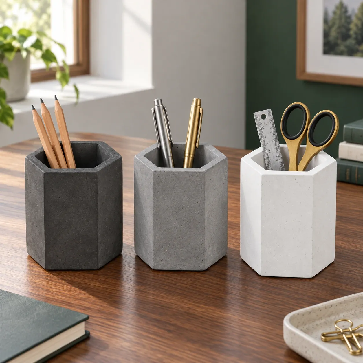 Felix Hexagon Pen Cups, shown in a workspace; stationery and styling objects are not included