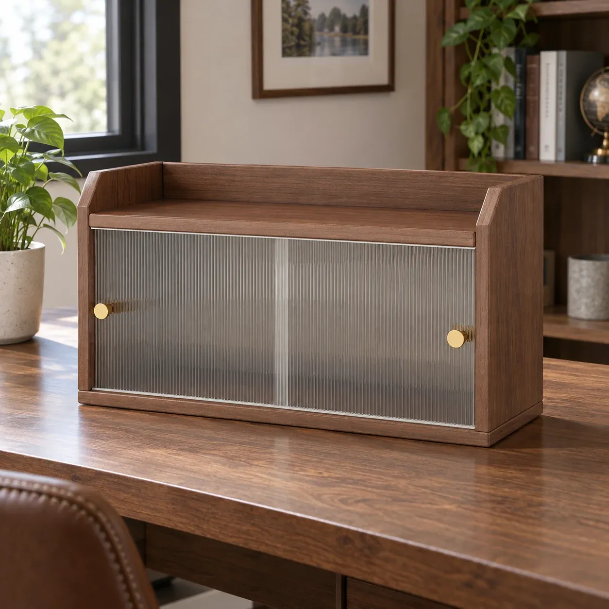 Edmund Sliding Desktop Cabinet - Walnut color, 48 cm - complete item