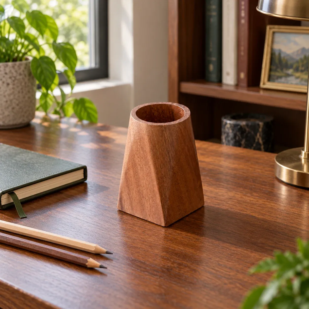 Foster Faceted Pen Cup - Brown wood - in a furnished setting; other objects not included
