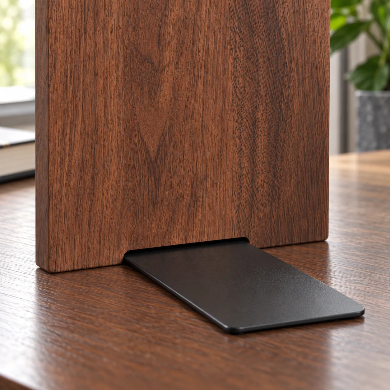 Close view of the slot joining the wooden panel to its black metal foot
