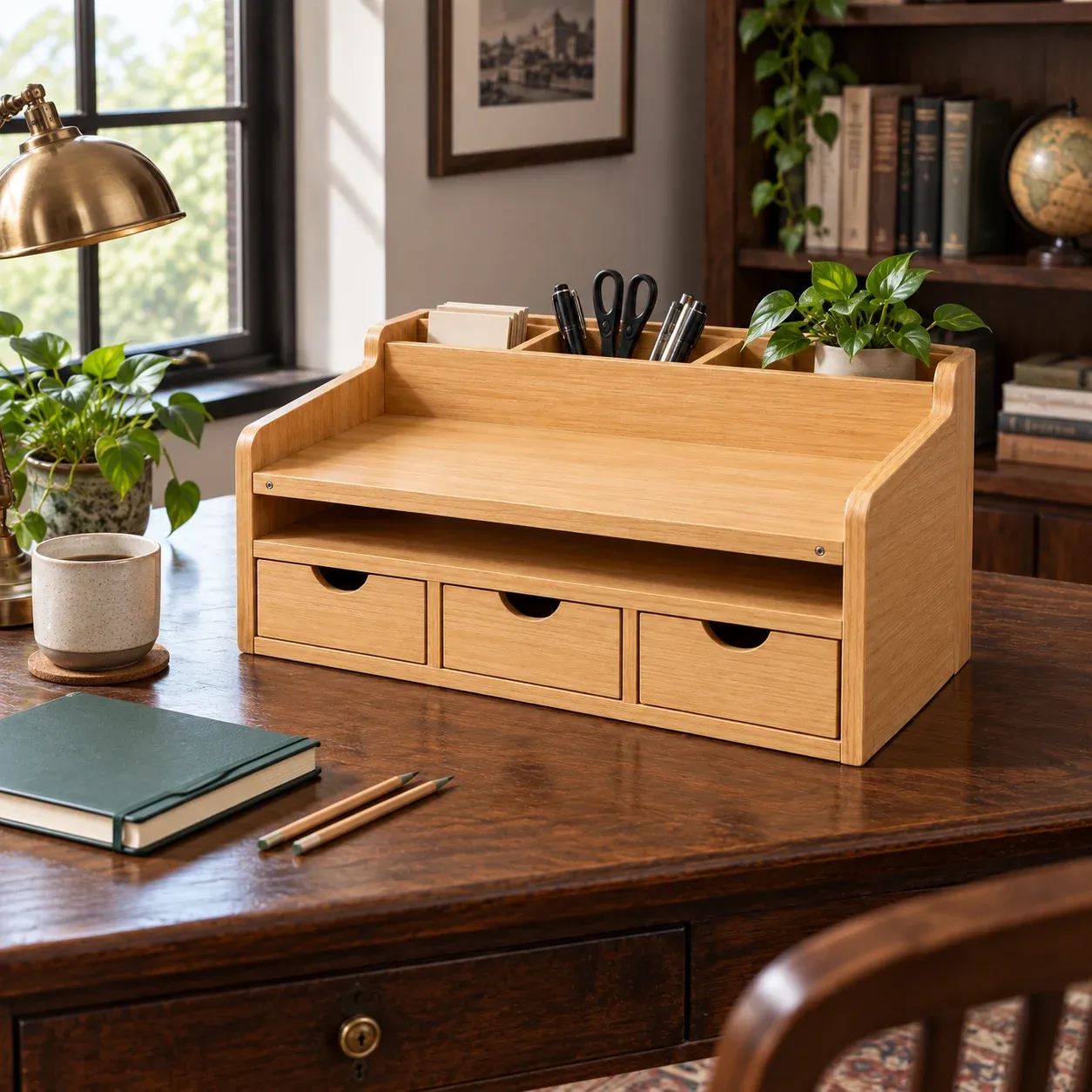 Linus Desktop Drawer Organizer - Natural wood, 36 cm - in a furnished setting; other objects not included