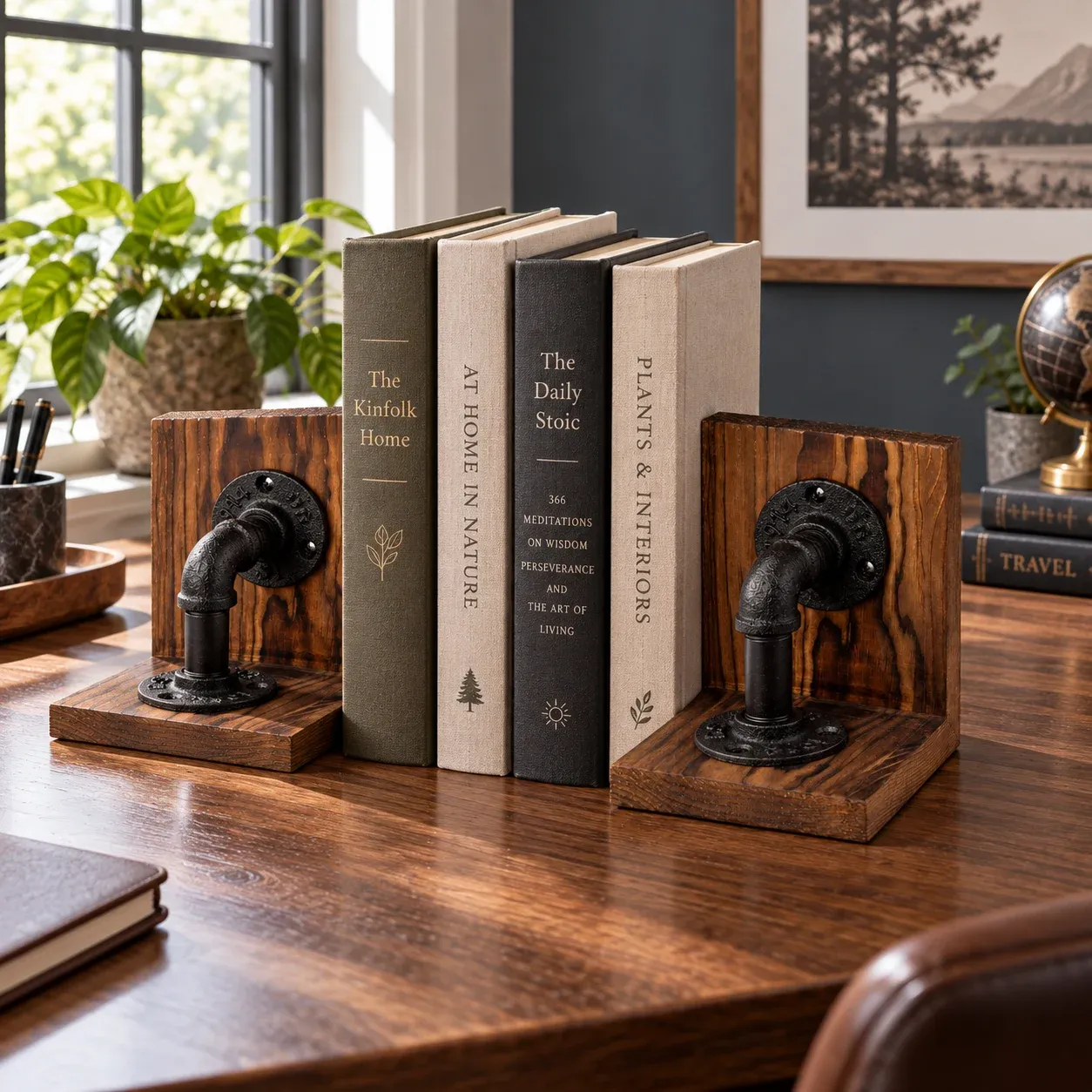 Zane Pipe Bookends, in use; styling objects are not included