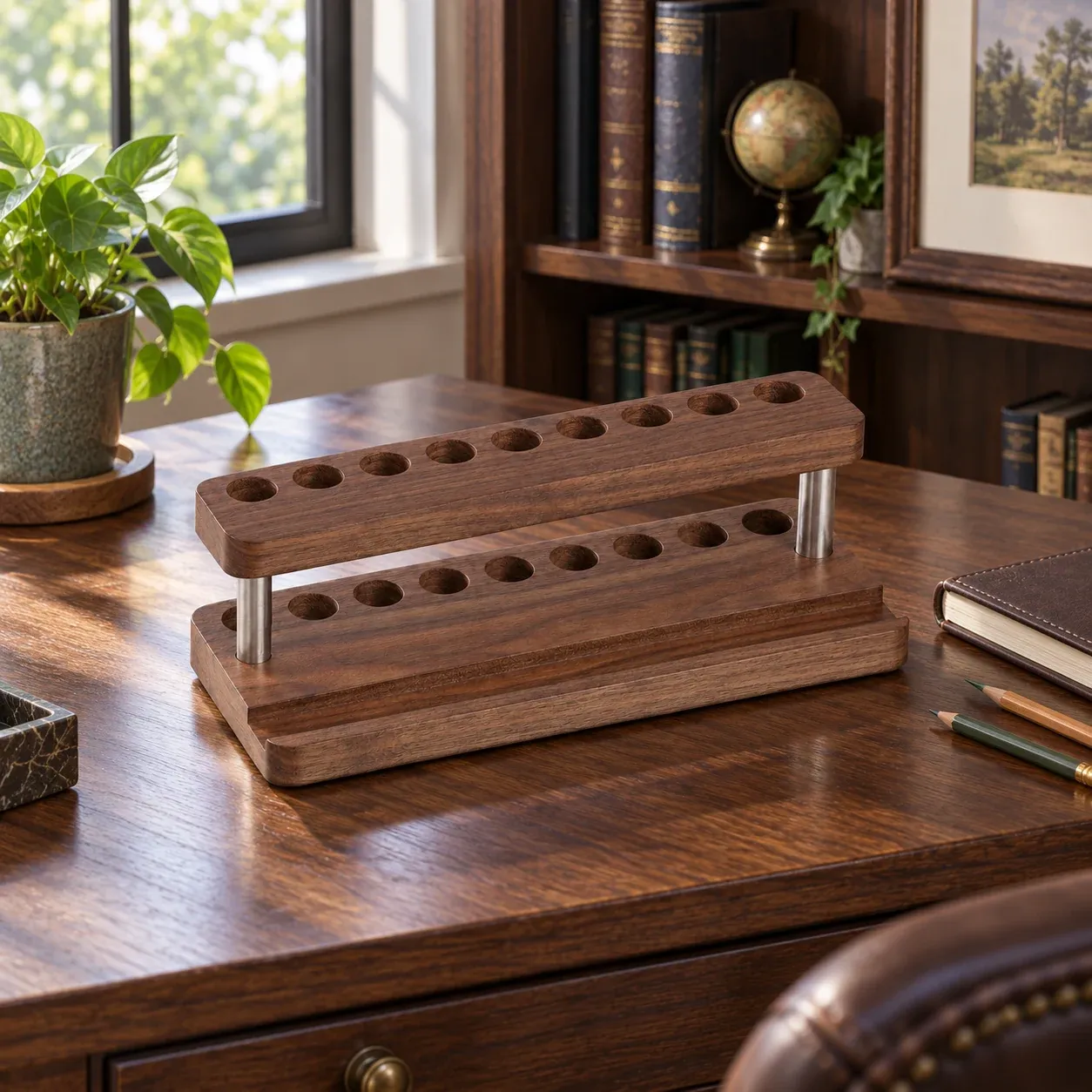 Emmett Pen Display Rack - Walnut color - in a furnished setting; other objects not included