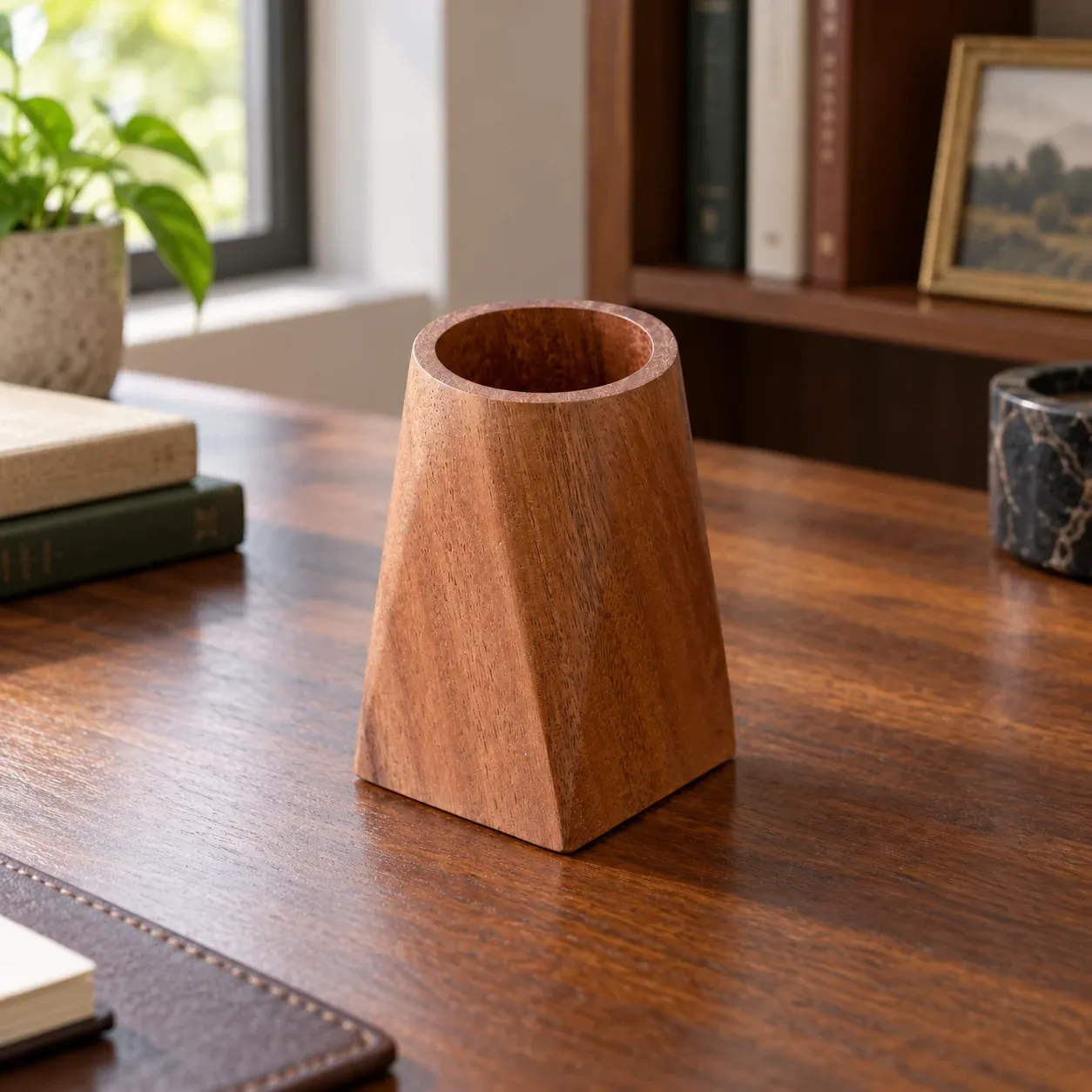 Foster Faceted Pen Cup - Brown wood - complete item