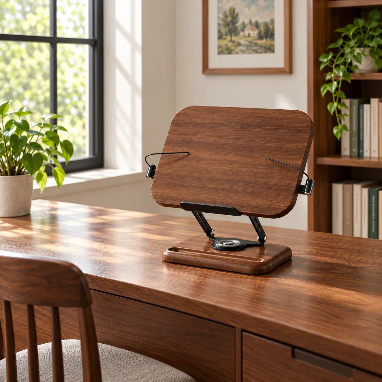 Ambrose Reading Stand - Walnut color, wooden base, rotating model - in a furnished setting; other objects not included