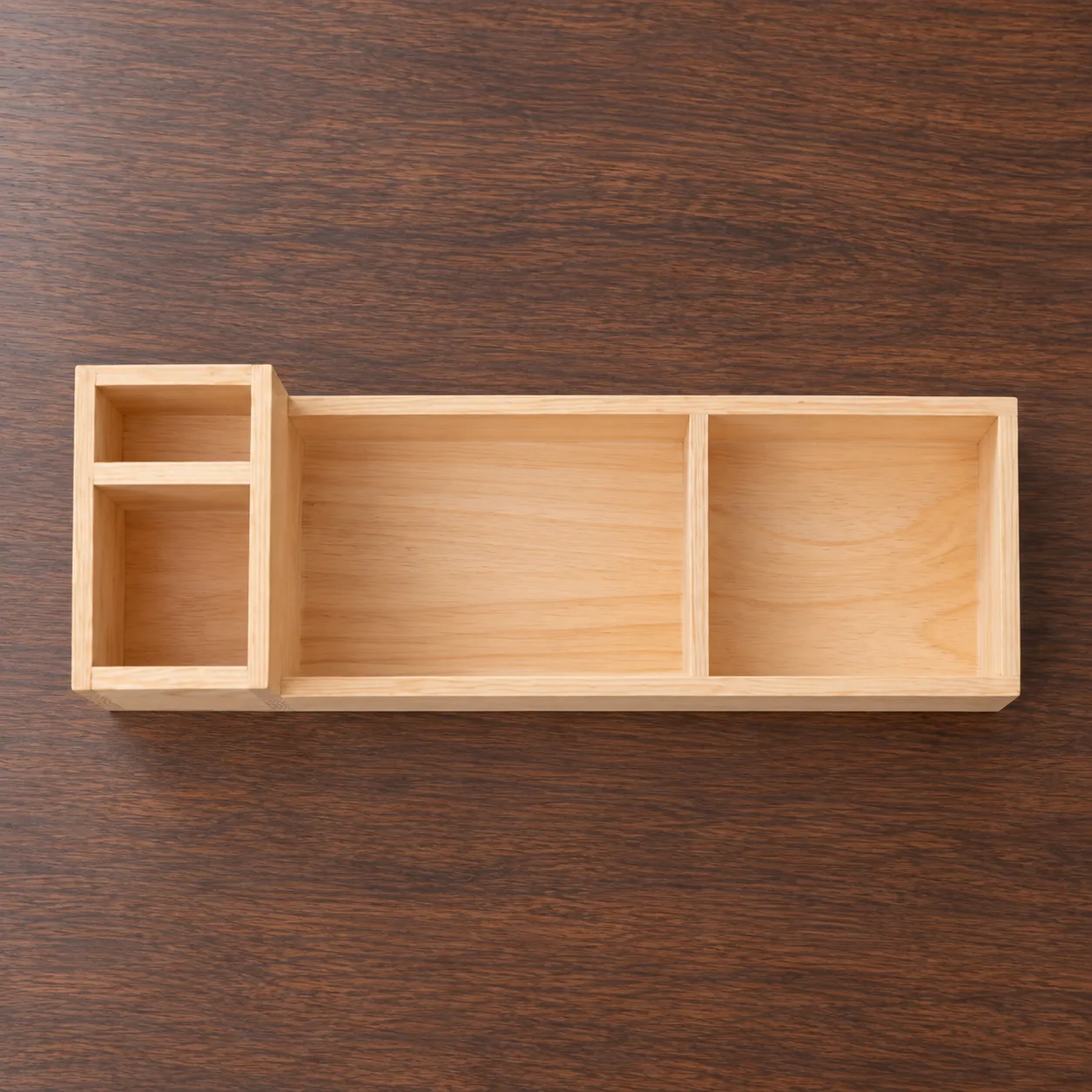 Hayes Wood Desk Caddy: higher view of compartments and construction