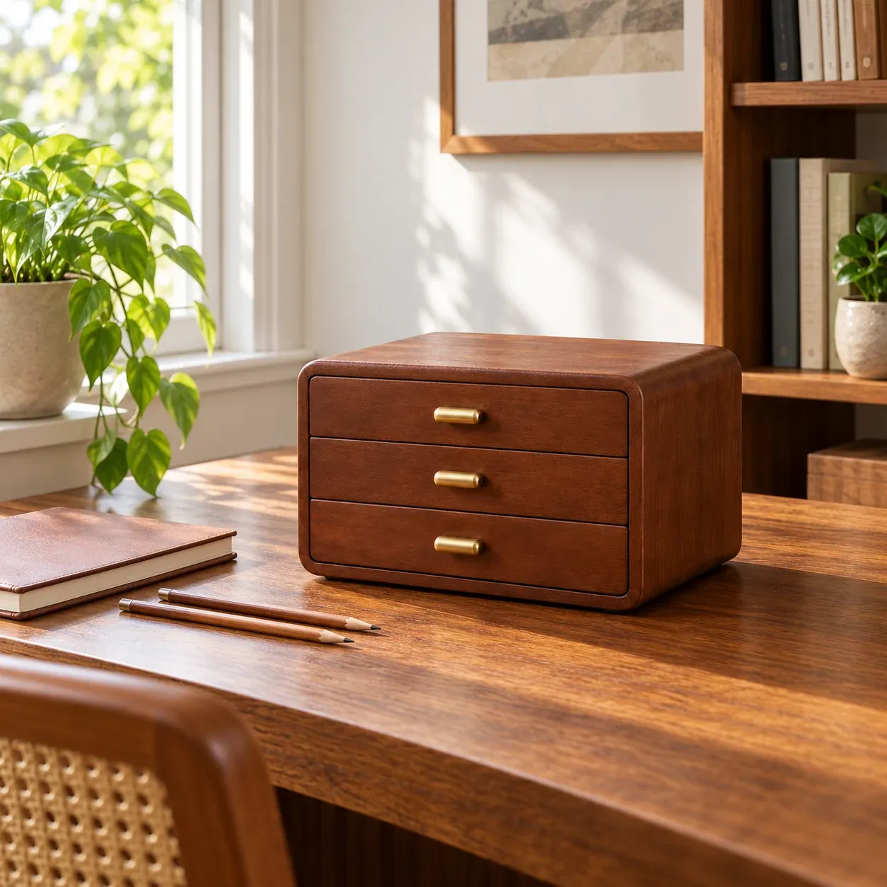 Spencer Drawer Cabinet - Okoume wood grain, three layers - in a furnished setting; other objects not included