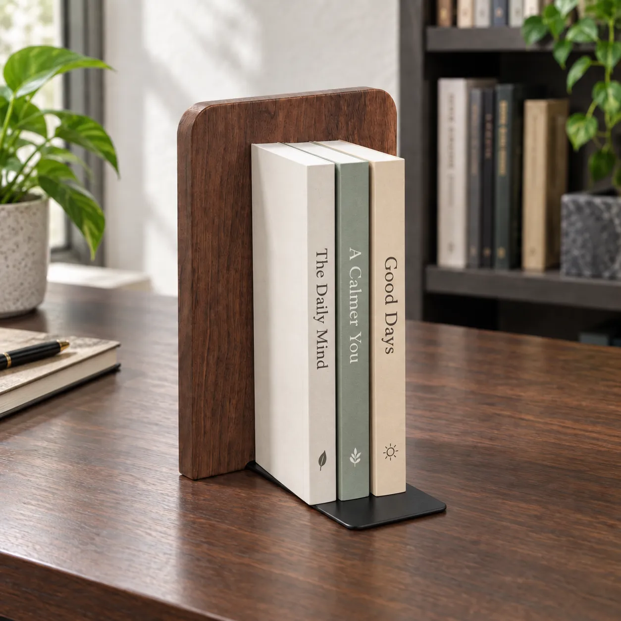 One bookend with its foot beneath small prop books; books are not included