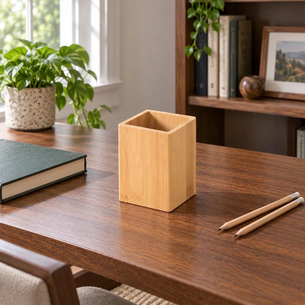 Simon Wood Pen Cup - Natural wood, large - in a furnished setting; other objects not included