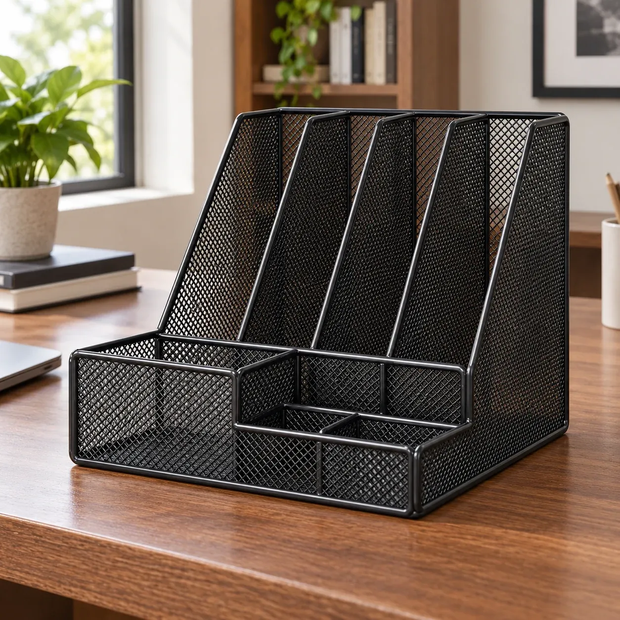 Wilfred Mesh File Organizer - Black, four slots with pen cup - complete item