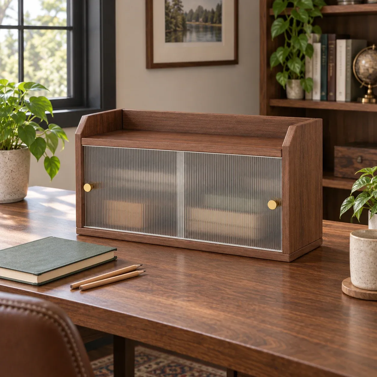 Edmund Sliding Desktop Cabinet - Walnut color, 48 cm - in a furnished setting; other objects not included